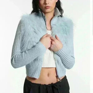 The Ragged Priest Faux Fur Y2K Baby Blue  Cardigan Sweater